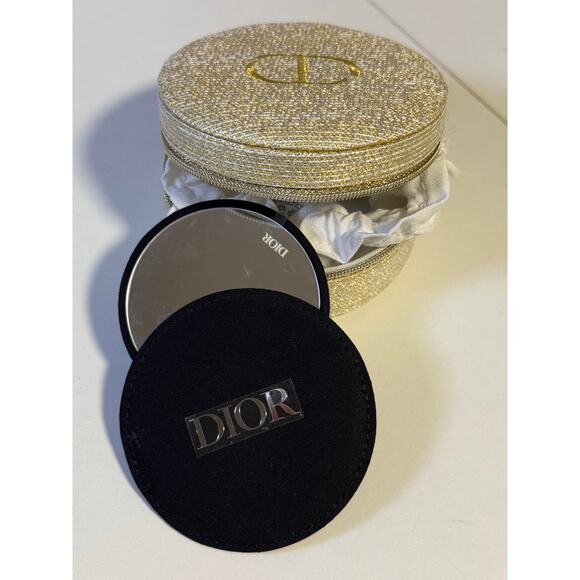 Dior Gold Glitter Designer Travel Jewelry Round Case Pouch w Black Mirror - NEW - Picture 1 of 9